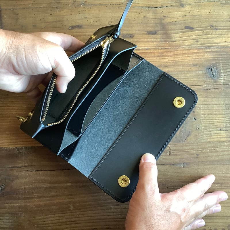 トラッカーウォレット 黒 オイルレザー ダイヤパターン | keywest828