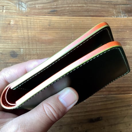 オイルコードバングリーン×ルガトショルダーオレンジ　二つ折り財布　小銭入れあり