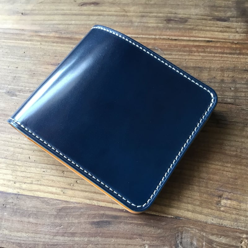 ネイビーオイルコードバン×キャメル色牛革 二つ折り財布 小銭 ネイビーオイルコードバン×キャメル色牛革 二つ折り財布 小銭