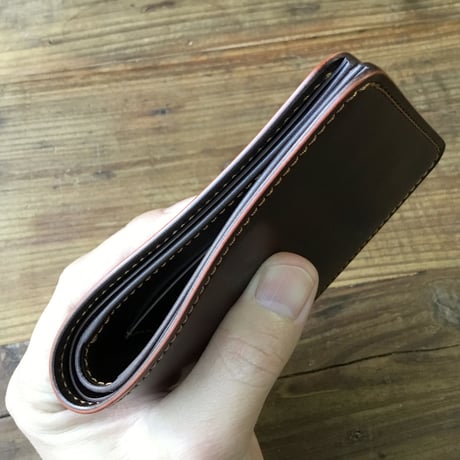 ブラウンオイルコードバン×チョコ色牛革 二つ折り財布 小銭入れなし