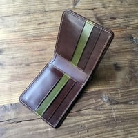 オリーブコードバン×チョコ色牛革 二つ折り財布 小銭入れなし