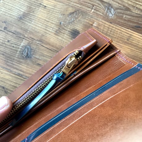 オイルコードバンネイビー×ルガトショルダーブラウン 長財布 小銭入れあり