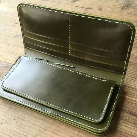 オイルコードバン黒×オリーブコードバン 長財布 小銭入れあり