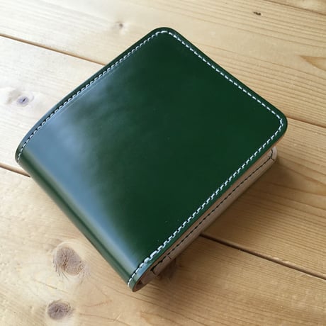 コードバングリーン×ナチュラル牛革 二つ折り財布 小銭入れあり