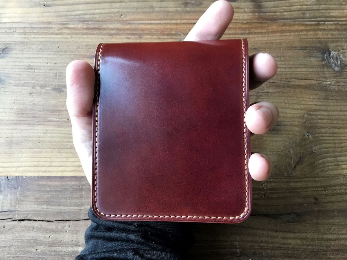 オイルコードバン赤茶×チョコ色牛革 二つ折り財布 小銭入れなし  