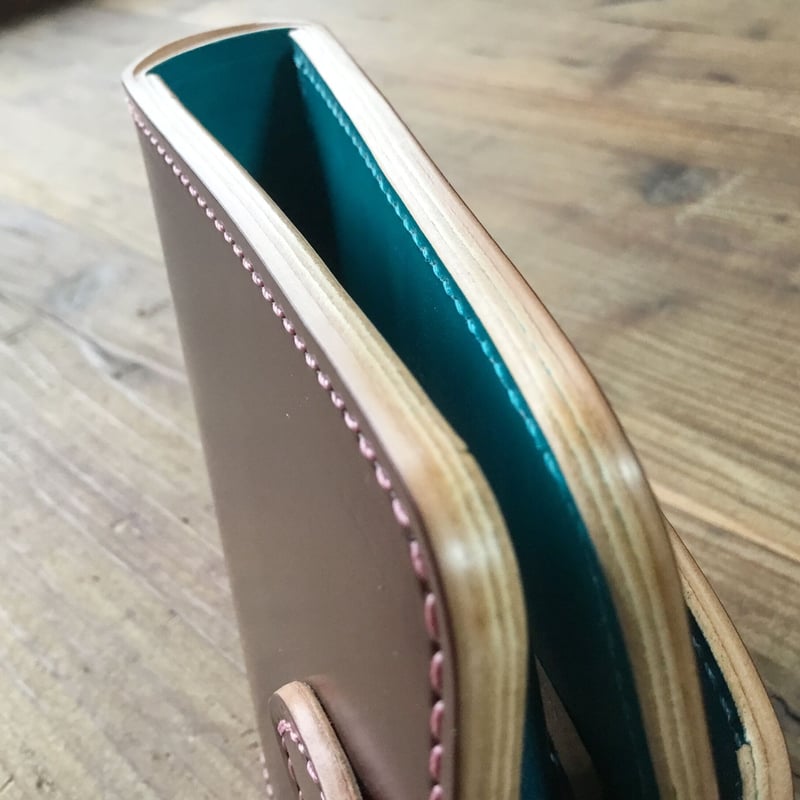 ブラウンコードバン×手染めターコイズブルー 二つ折り財布 小銭入れ