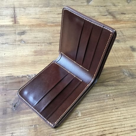 ブラウンオイルコードバン×チョコ色牛革 二つ折り財布 小銭入れなし