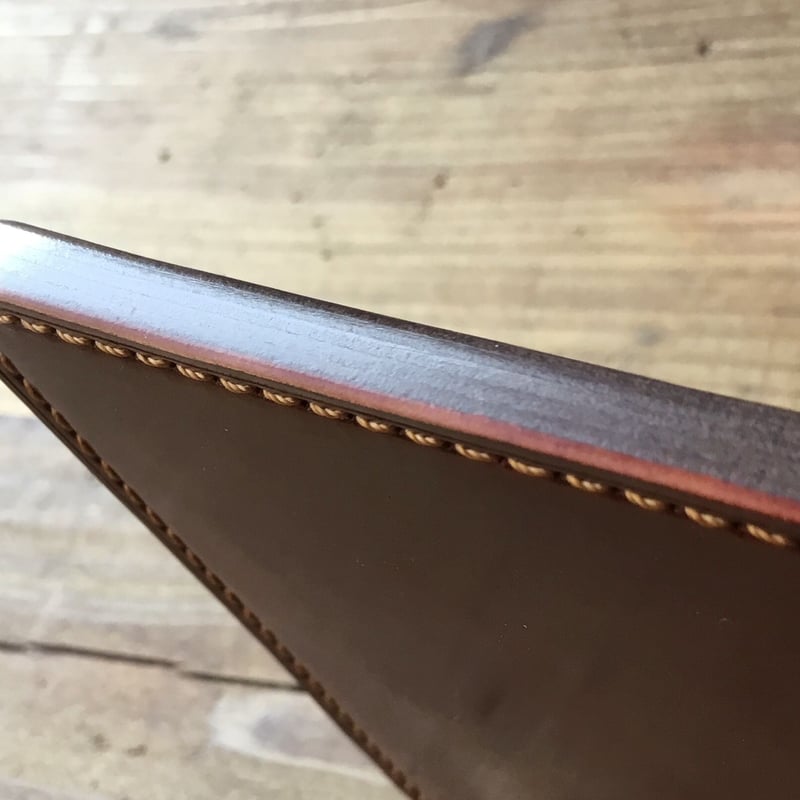 オイルコードバン赤茶×チョコ色牛革 二つ折り財布 小銭入れなし