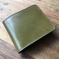 オリーブコードバン×チョコ色牛革 二つ折り財布 小銭入れあり