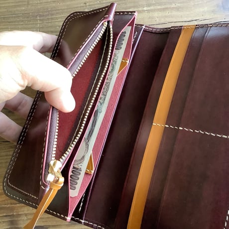 オイルコードバンブラウン×ルガトショルダーワイン 長財布 小銭入れあり