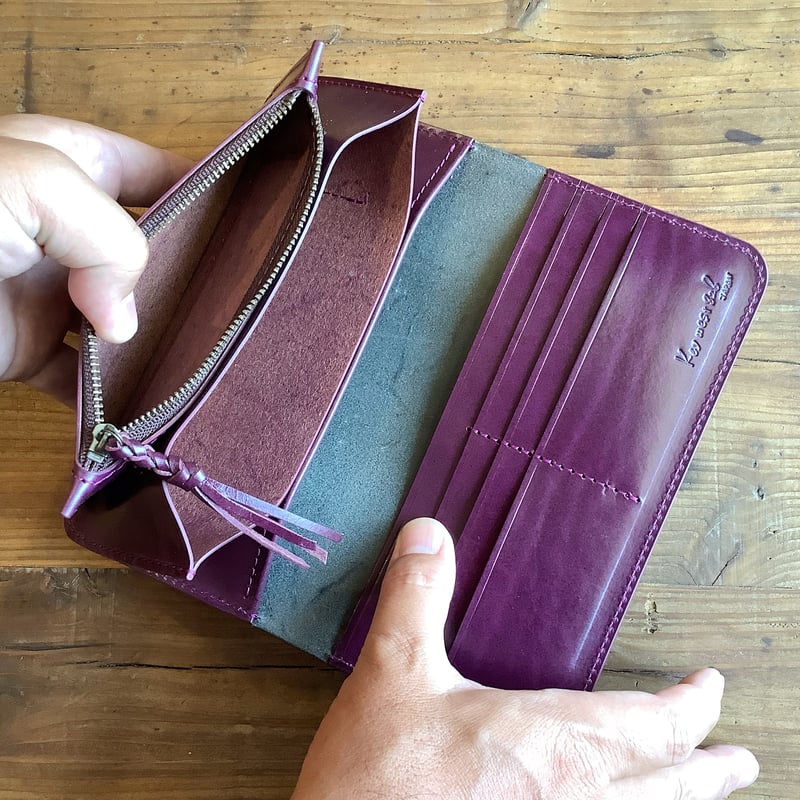 黒革×ルガトショルダー紫 パープル 長財布 小銭入れあり | keywest828