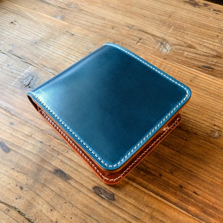 オイルコードバンネイビー×ルガトショルダーオレンジ 二つ折り財布  小銭入れあり
