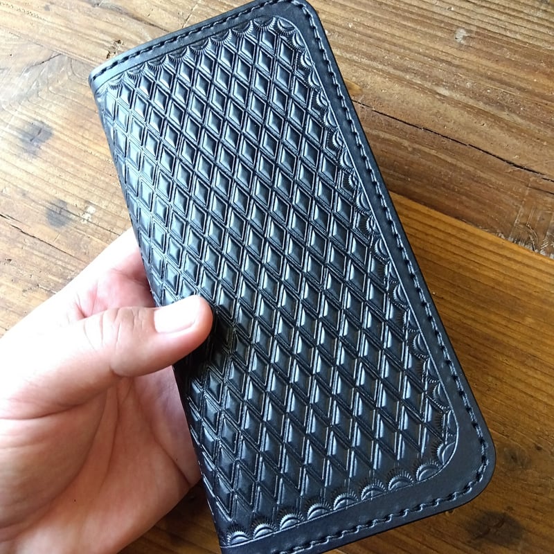 トラッカーウォレット 黒 オイルレザー ダイヤパターン | keywest828