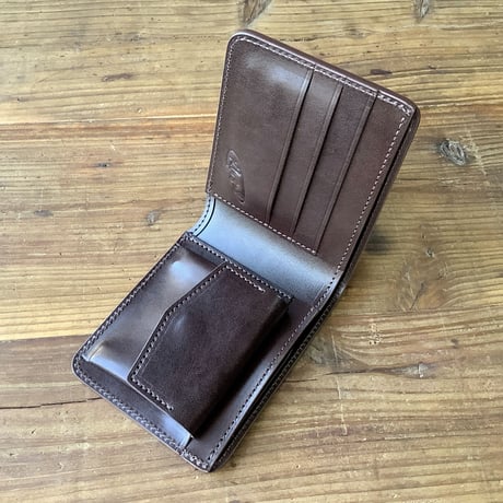 オイルコードバンバーガンディ×チョコ色牛革 二つ折り財布 小銭入れあり