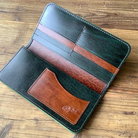 ルガトショルダーグリーン×ブラウン　長財布　小銭入れ無し