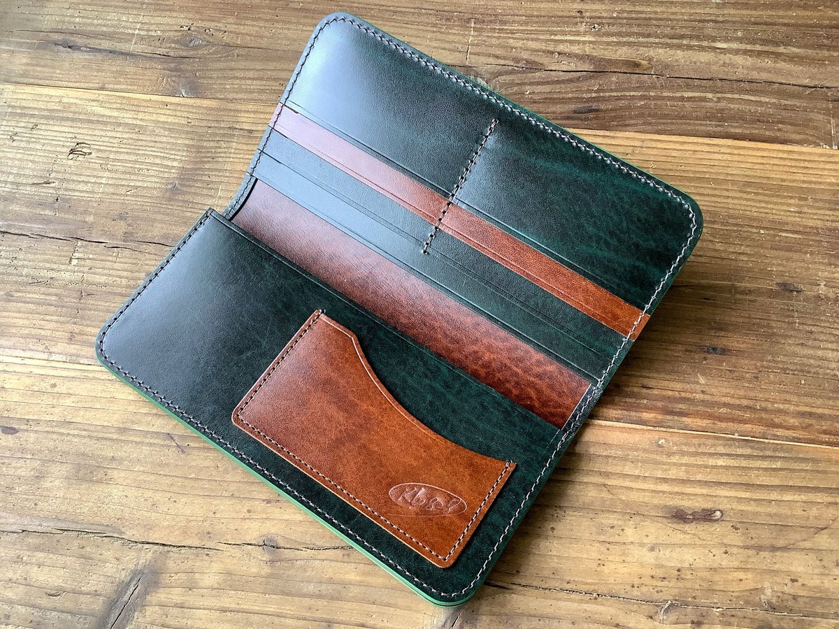 ルガトショルダーグリーン×ブラウン 長財布 小銭入れ無し | keywest828