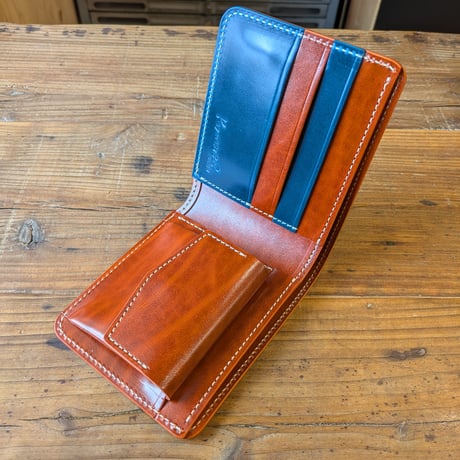オイルコードバンネイビー×ルガトショルダーオレンジ 二つ折り財布  小銭入れあり