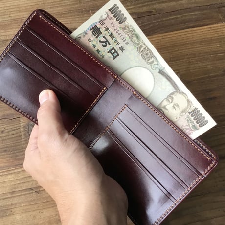 ブラウンオイルコードバン×ルガトショルダーワイン 二つ折り財布 小銭入れなし