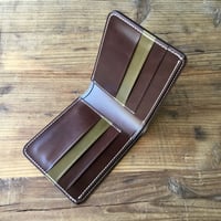 オリーブコードバン×チョコ色牛革 二つ折り財布 小銭入れなし