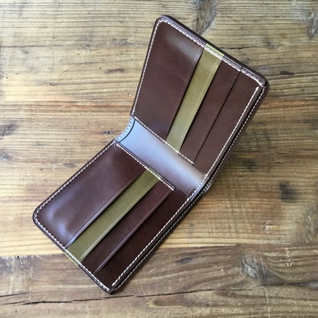 オリーブコードバン×チョコ色牛革 二つ折り財布 小銭入れなし