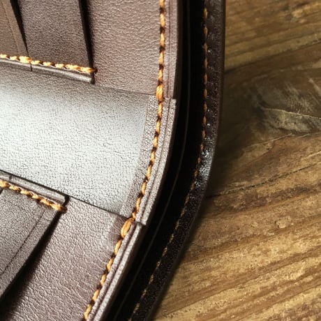 オイルコードバンネイビー×チョコ色牛革  二つ折り財布 小銭入れ無し