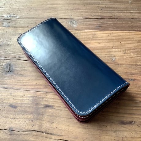 ネイビーオイルコードバン×ルガトショルダーワイン 長財布 小銭入れあり
