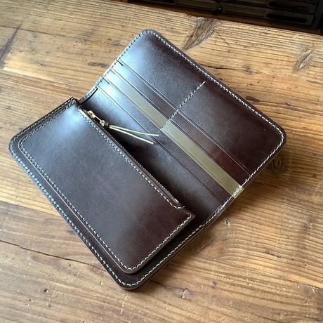 オイルコードバンオリーブ×ルガトショルダー ダークブラウン 長財布 小銭入れあり