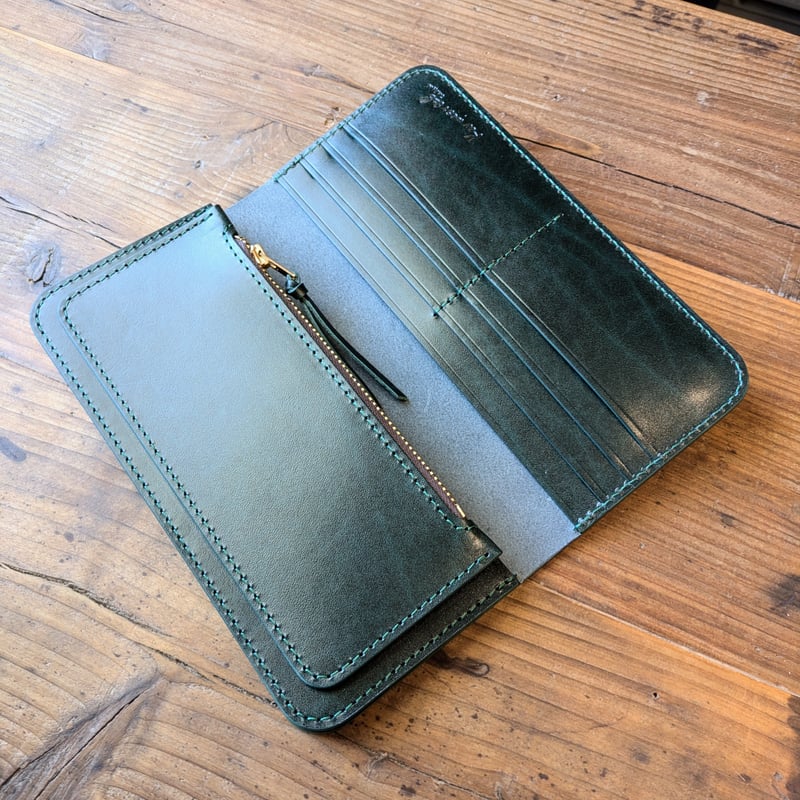 黒革×ルガトショルダーグリーン 深緑 長財布 小銭入れあり | keywest828