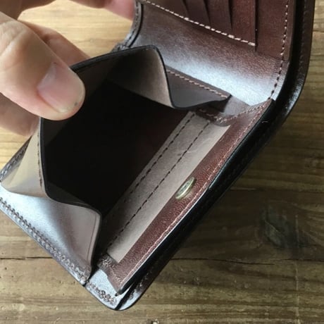 オリーブコードバン×チョコ色牛革 二つ折り財布 小銭入れあり