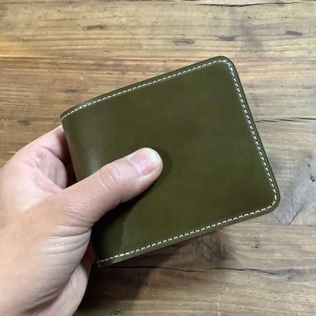 オリーブコードバン×チョコ色牛革 二つ折り財布 小銭入れあり