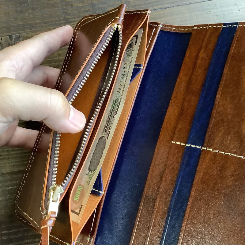 ルガトショルダーブラウン×ネイビー 長財布 小銭入れあり | keywest828