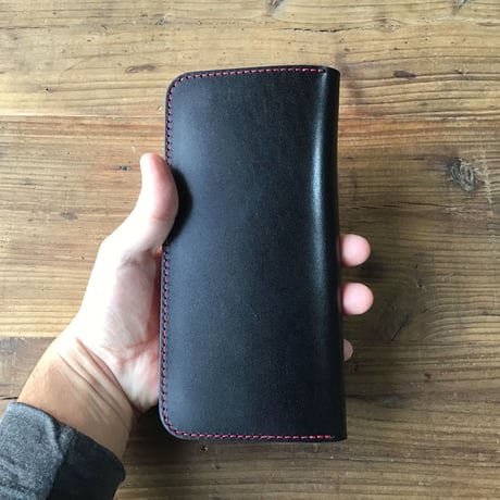 黒革×手染めレッド  長財布 小銭入れあり
