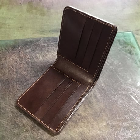オイルコードバンバーガンディ×チョコ色牛革 二つ折り財布 小銭入れなし