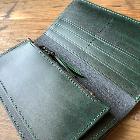 黒革×ルガトショルダーグリーン　濃緑　長財布 小銭入れあり