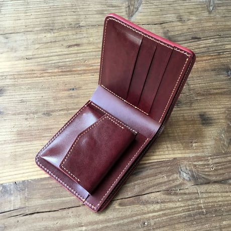 オイルコードバン赤茶×ルガトショルダーワイン 二つ折り財布   小銭入れあり