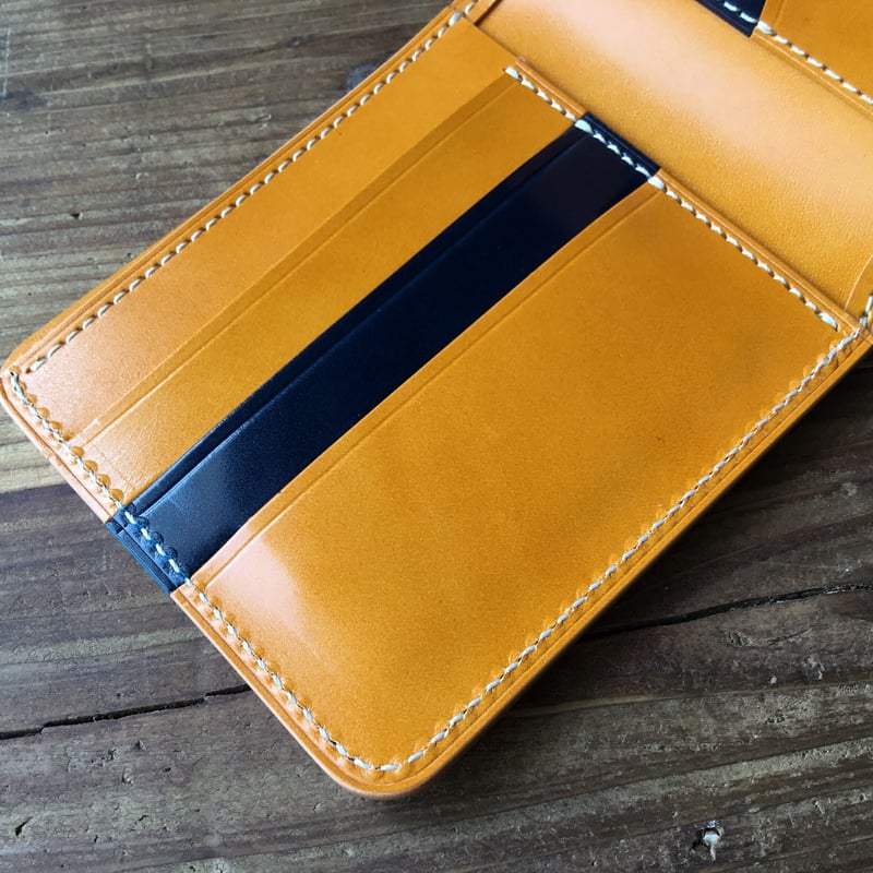 ネイビーオイルコードバン×キャメル色牛革 二つ折り財布 小銭