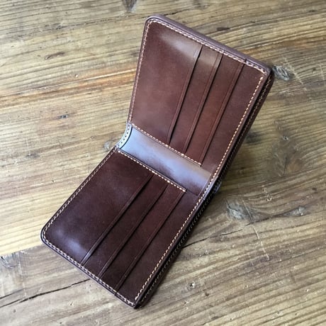 オイルコードバン赤茶×チョコ色牛革 二つ折り財布 小銭入れなし