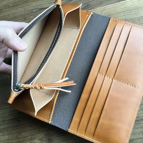 チョコ革×手染めキャメル 長財布 小銭入れあり