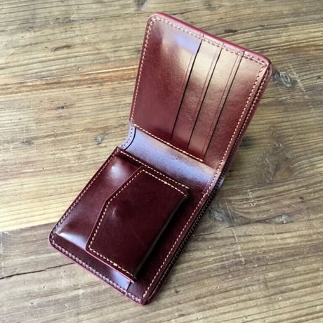 オリーブコードバン×ルガトショルダーワイン 二つ折り財布 小銭入れあり