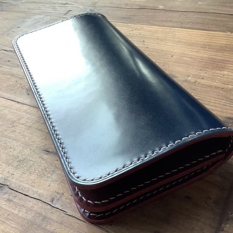 ネイビーオイルコードバン×ルガトショルダーワイン 長財布 小銭入れあり