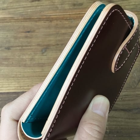 ブラウンコードバン×手染めターコイズブルー 二つ折り財布 小銭入れあり