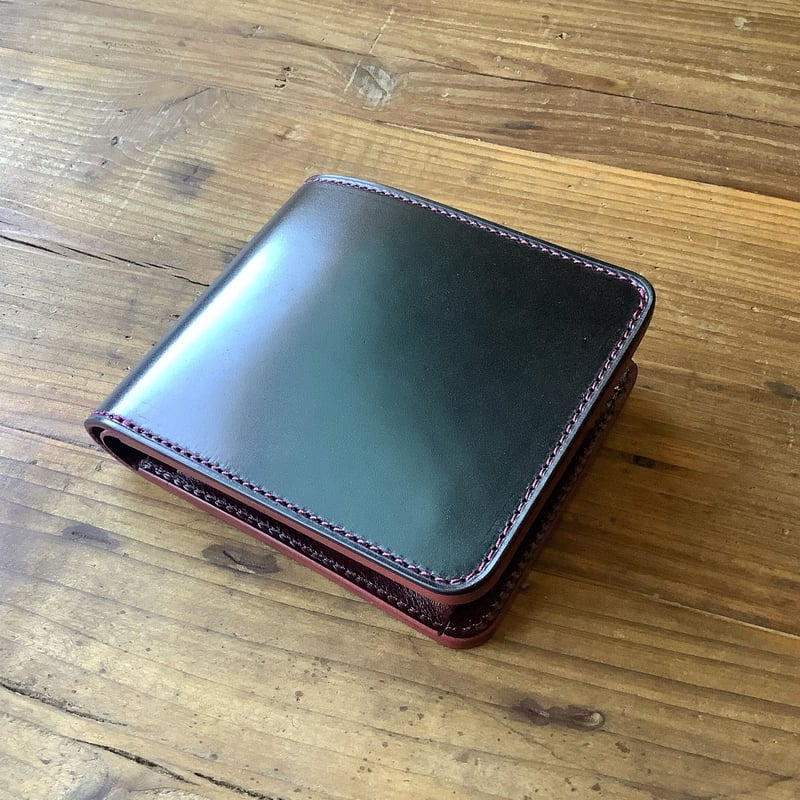 オイルコードバン黒×ルガトショルダーワイン 二つ折り財布 小銭 オイルコードバン黒×ルガトショルダーワイン 二つ折り財布 小銭