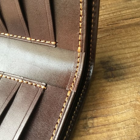 オリーブコードバン×チョコ色牛革 二つ折り財布 小銭入れなし