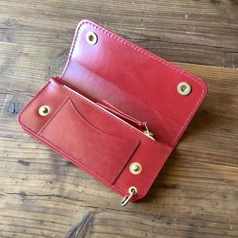 [ハンドメイド] ミニトラッカーウォレット ルガトショルダー赤×サドルレザー黒 ルガトショルダー赤 トラッカーウォレット 表革ロングバージョン