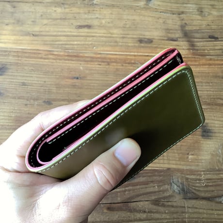 オリーブコードバン×ルガトショルダーワイン 二つ折り財布 小銭入れなし
