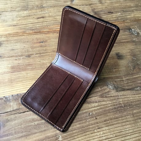 オイルコードバンコニャック×チョコ色牛革 二つ折り財布 小銭入れなし