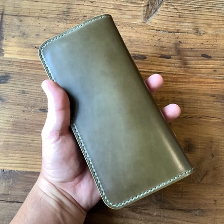 オイルコードバンオリーブ×ルガトショルダー ダークブラウン 長財布 小銭入れあり