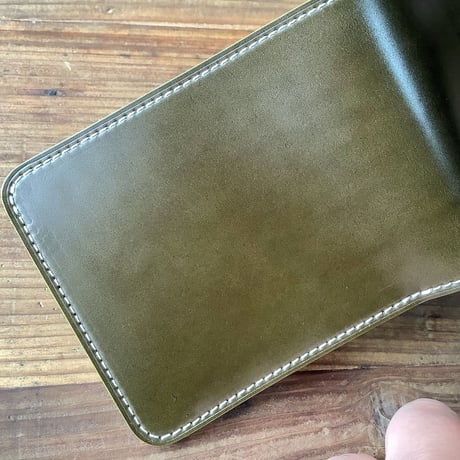 オリーブコードバン×チョコ色牛革 二つ折り財布 小銭入れあり