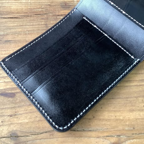 オイルコードバン黒×ルガトショルダー黒 二つ折り財布 小銭入れ無し