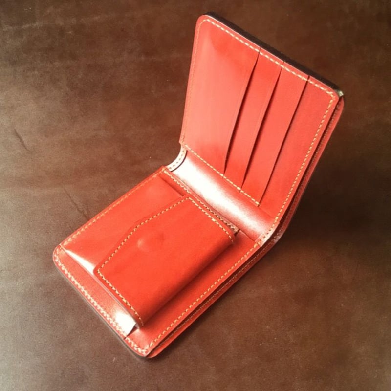 2つ折り財布 コードバン レッド コードバン黒×ルガトショルダー赤 二つ折り財布 小銭入れあり